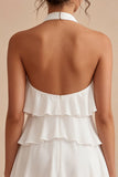 Vestido Branco Pequeno Branco Floral de Decote Halter com Decote A, com folhos