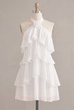 Vestido Branco Pequeno Branco Floral de Decote Halter com Decote A, com folhos