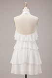 Vestido Branco Pequeno Branco Floral de Decote Halter com Decote A, com folhos