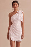Bodycon vestido branco floral de um ombro com laço