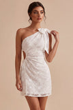 Bodycon vestido branco floral de um ombro com laço
