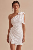 Bodycon vestido branco floral de um ombro com laço