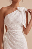 Bodycon vestido branco floral de um ombro com laço