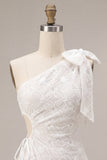 Bodycon vestido branco floral de um ombro com laço