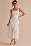 Vestido Branco Pequeno Floral de Alças Grossas em Linha A
