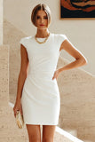 Vestido Branco Pequeno Bodycon Bodycon de Gola Redonda com Mangas Altas