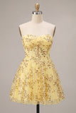 Vestido de Finalistas Amarelo A-Line Strapless Cortado com Lantejoulas