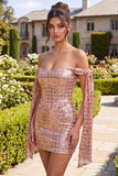 Vestido de Homecoming com Lantejoulas Bodycon Champanhe Brilhante