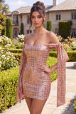Vestido de Homecoming com Lantejoulas Bodycon Champanhe Brilhante