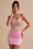 Vestido de Boas-Vindas Corredor Cor-de-Rosa Bodycon Contas e Franzidos