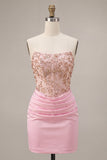 Vestido de Boas-Vindas Corredor Cor-de-Rosa Bodycon Contas e Franzidos