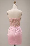 Vestido de Boas-Vindas Corredor Cor-de-Rosa Bodycon Contas e Franzidos