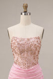Vestido de Boas-Vindas Corredor Cor-de-Rosa Bodycon Contas e Franzidos