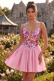Vestido de regresso a casa com alças finas florais cor-de-rosa A-Line com lantejoulas