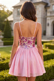 Vestido de regresso a casa com alças finas florais cor-de-rosa A-Line com lantejoulas