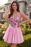 Vestido de regresso a casa com alças finas florais cor-de-rosa A-Line com lantejoulas
