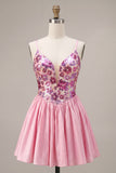 Vestido de regresso a casa com alças finas florais cor-de-rosa A-Line com lantejoulas