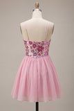 Vestido de regresso a casa com alças finas florais cor-de-rosa A-Line com lantejoulas