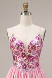 Vestido de regresso a casa com alças finas florais cor-de-rosa A-Line com lantejoulas