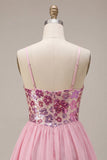 Vestido de regresso a casa com alças finas florais cor-de-rosa A-Line com lantejoulas