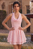Vestido de regresso a casa em camadas com espartilho cor-decote em A-Line cor-decote cor-de-rosa