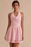 Vestido de regresso a casa em camadas com espartilho cor-decote em A-Line cor-decote cor-de-rosa
