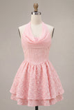 Vestido de regresso a casa em camadas com espartilho cor-decote em A-Line cor-decote cor-de-rosa