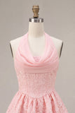 Vestido de regresso a casa em camadas com espartilho cor-decote em A-Line cor-decote cor-de-rosa