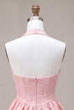 Vestido de regresso a casa em camadas com espartilho cor-decote em A-Line cor-decote cor-de-rosa