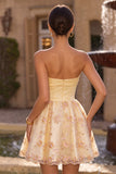 Vestido de Finalista Amarelo Claro A-Line, Floral Sem Alças, Bordado