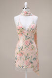 Vestido de Finalistas com Lantejoulas Bodycon Flor Cor-de-Rosa Branco Brilhante com Franjas