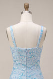 Bodycon azul céu brilhante Straps grossos Vestido de lantejoulas Vestido de Regresso a Casa com Fenda