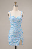 Bodycon azul céu brilhante Straps grossos Vestido de lantejoulas Vestido de Regresso a Casa com Fenda
