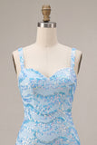 Bodycon azul céu brilhante Straps grossos Vestido de lantejoulas Vestido de Regresso a Casa com Fenda
