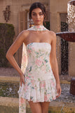 Vestido de Finalistas Branco Branco Rosa A-Line Strapless Sem Lantejoulas Vestido de Regresso a Casa com Cachecol