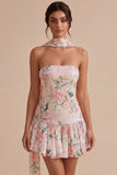 Vestido de Finalistas Branco Branco Rosa A-Line Strapless Sem Lantejoulas Vestido de Regresso a Casa com Cachecol