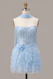 Espartilho azul celeste, lantejoulas em camadas, vestido de regresso a casa sem alças em linha A com cachecol no pescoço