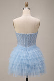 Espartilho azul celeste, lantejoulas em camadas, vestido de regresso a casa sem alças em linha A com cachecol no pescoço
