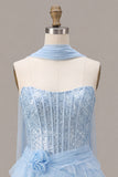 Espartilho azul celeste, lantejoulas em camadas, vestido de regresso a casa sem alças em linha A com cachecol no pescoço