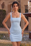 Vestido de Bodycon Bodycon Azul Céu com Gola Quadrada e Bordas