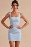 Vestido de Bodycon Bodycon Azul Céu com Gola Quadrada e Bordas