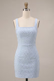 Vestido de Bodycon Bodycon Azul Céu com Gola Quadrada e Bordas