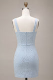 Vestido de Bodycon Bodycon Azul Céu com Gola Quadrada e Bordas