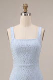 Vestido de Bodycon Bodycon Azul Céu com Gola Quadrada e Bordas