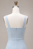 Vestido de Bodycon Bodycon Azul Céu com Gola Quadrada e Bordas