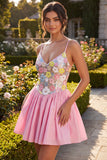 Vestido de regresso a casa com alças finas florais cor-de-rosa A-Line com lantejoulas