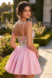 Vestido de regresso a casa com alças finas florais cor-de-rosa A-Line com lantejoulas