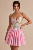 Vestido de regresso a casa com alças finas florais cor-de-rosa A-Line com lantejoulas