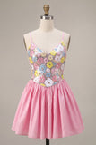 Vestido de regresso a casa com alças finas florais cor-de-rosa A-Line com lantejoulas