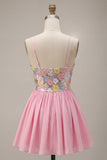 Vestido de regresso a casa com alças finas florais cor-de-rosa A-Line com lantejoulas